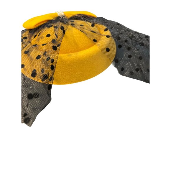 Yellow Fascinator Hat Black Polka Dot Mesh Pearl Accent Bow Clip For Women - Picture 3 of 4